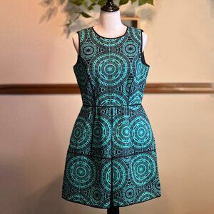 Teal and Black Geometric Print Sleeveless Dress with Pockets